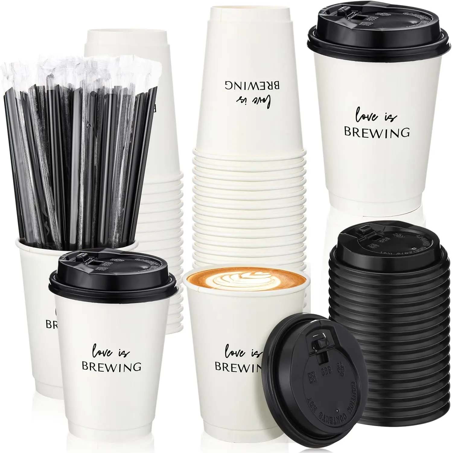 

50 Pcs Wedding Coffee Cups Love Is Brewing Bridal Shower Decoration Disposable Wedding Paper Drinking Cup Bulk with Lid