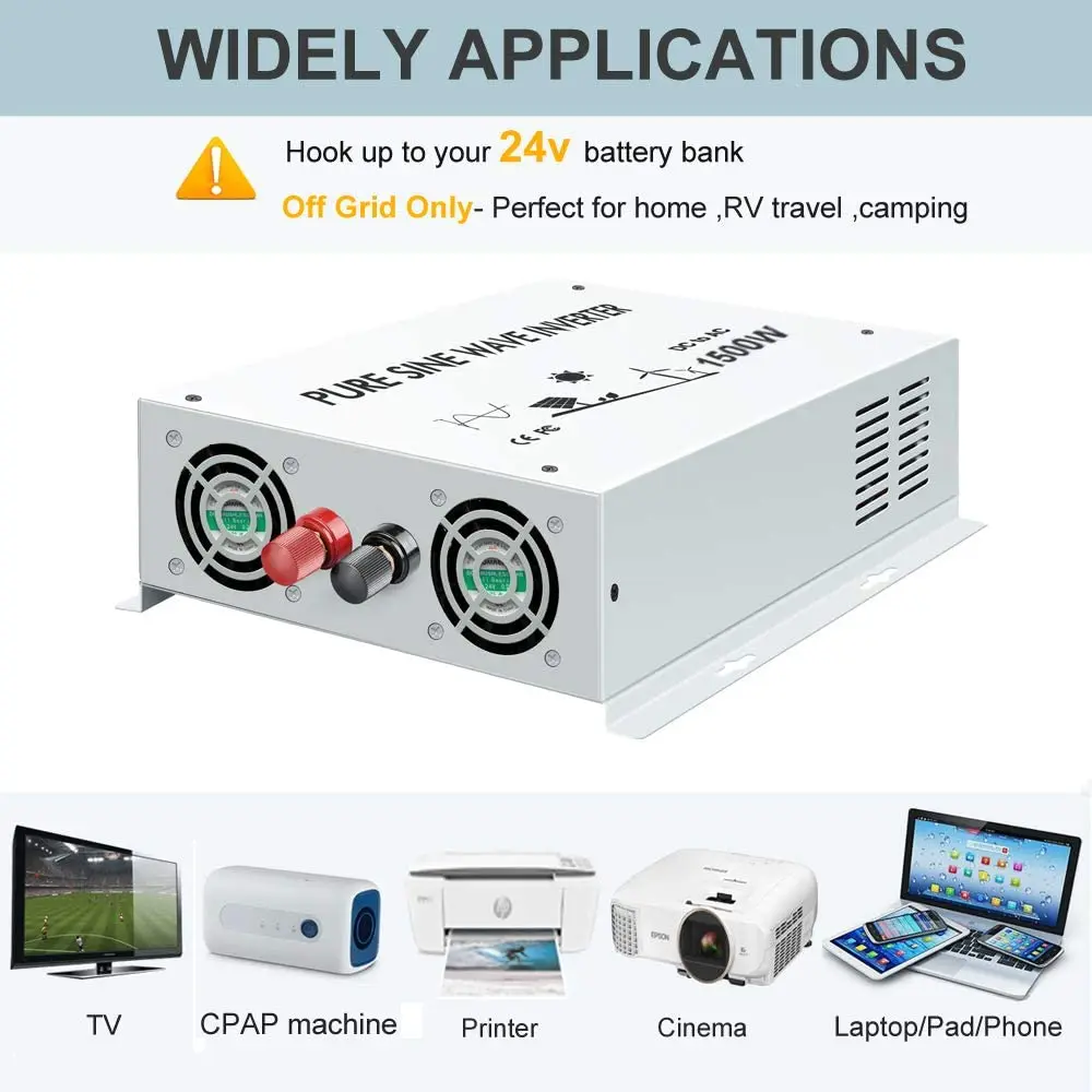 1500W Off Grid Pure Sine Wave Inverter 12V 220V Home Solar Power Generator Battery 24V 36V 48V DC to AC 110V 120V 220V 230V 240V