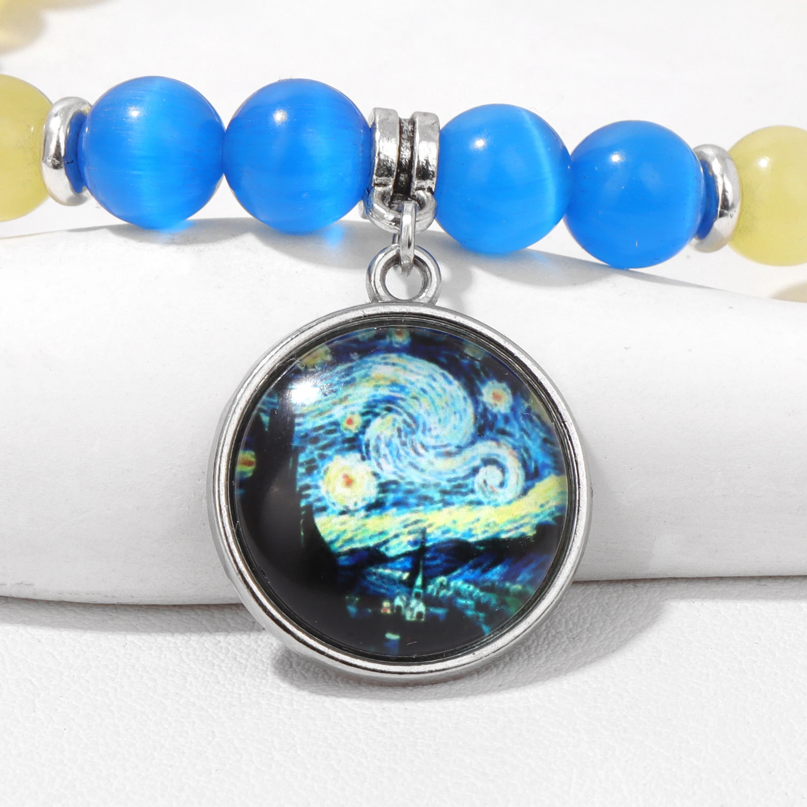 فان جوخ عباد الشمس سحر سوار القط العين حجر مطرز أساور ممتدة للنساء الرجال لوحات فنية سوار مجوهرات هدية