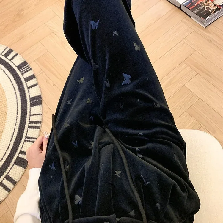 

Korean Butterfly Print Black Pants Women's Spring 2025 New High Waist Loose Casual Pants Y2k Pants Winter Warm Trousers Clothes
