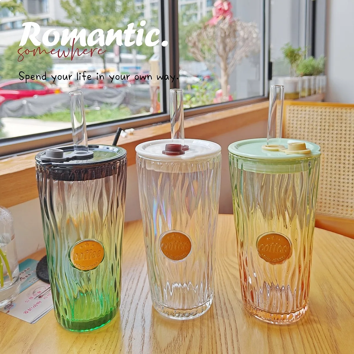 

Fashion Gradient Girl Water Cup High Value Straw Coffee Cup Exquisite Household Glass Mug Office Heat Resistant