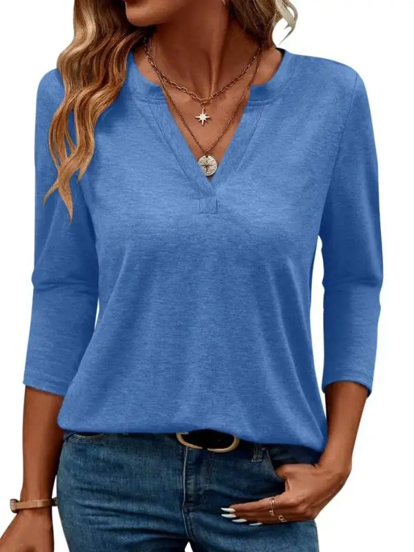 Women Notch V Neck Long Sleeve Solid Color Loose Casual Basic Tunic Top