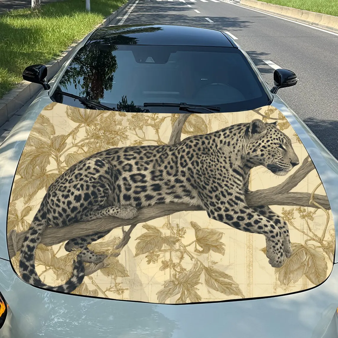 Car Decals Agile Leopard Design with a Leopard Hiding Among Green Branches and Leaves, Showing Its Sleek Body Shape Car Hood Sti