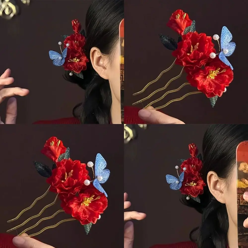 مزاجه شرابة زهرة حمراء مشبك شعر لؤلؤة جديدة النمط الصيني عصا الشعر الخشبية الرجعية العتيقة Hanfu دبوس الشعر عود الشعر