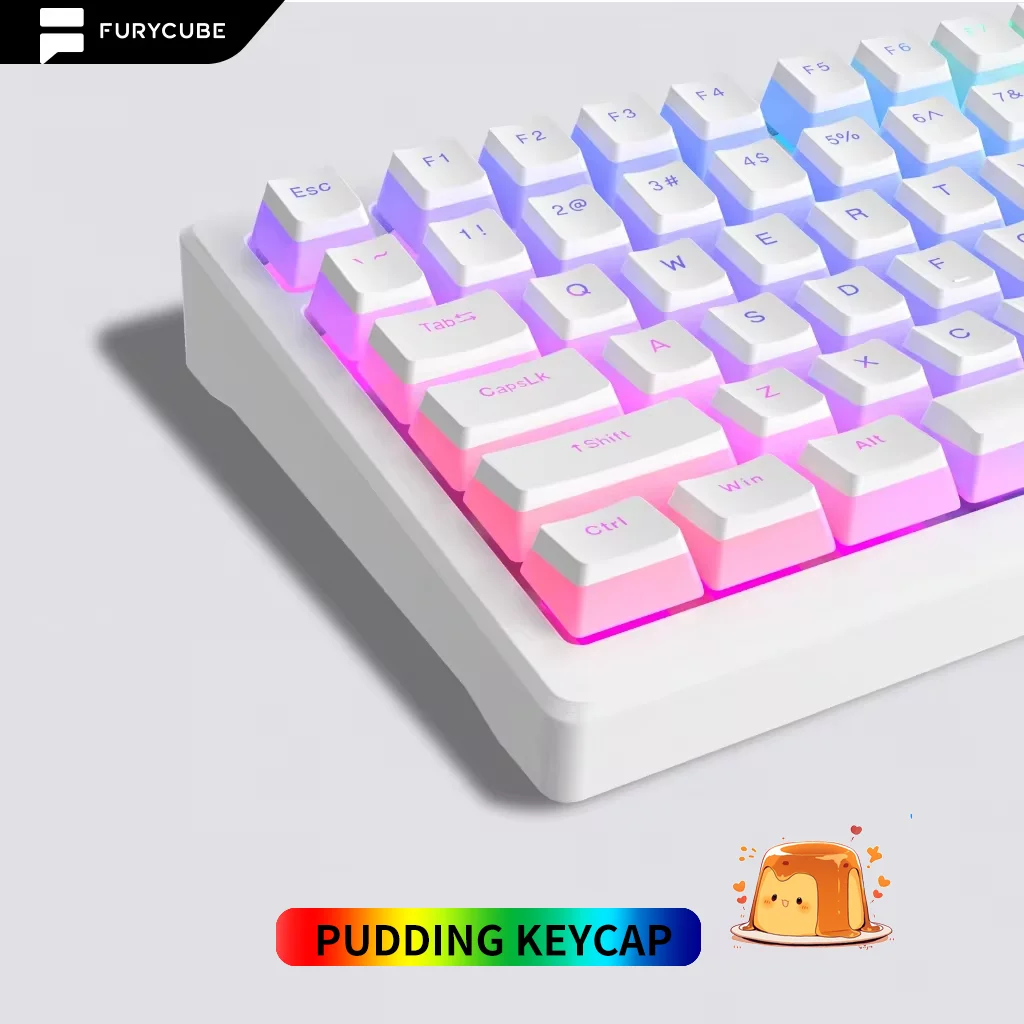 130-key PBT pudding keycaps, OEM profile, customizable RGB, smooth feel, available in black, white, pink, and blue.