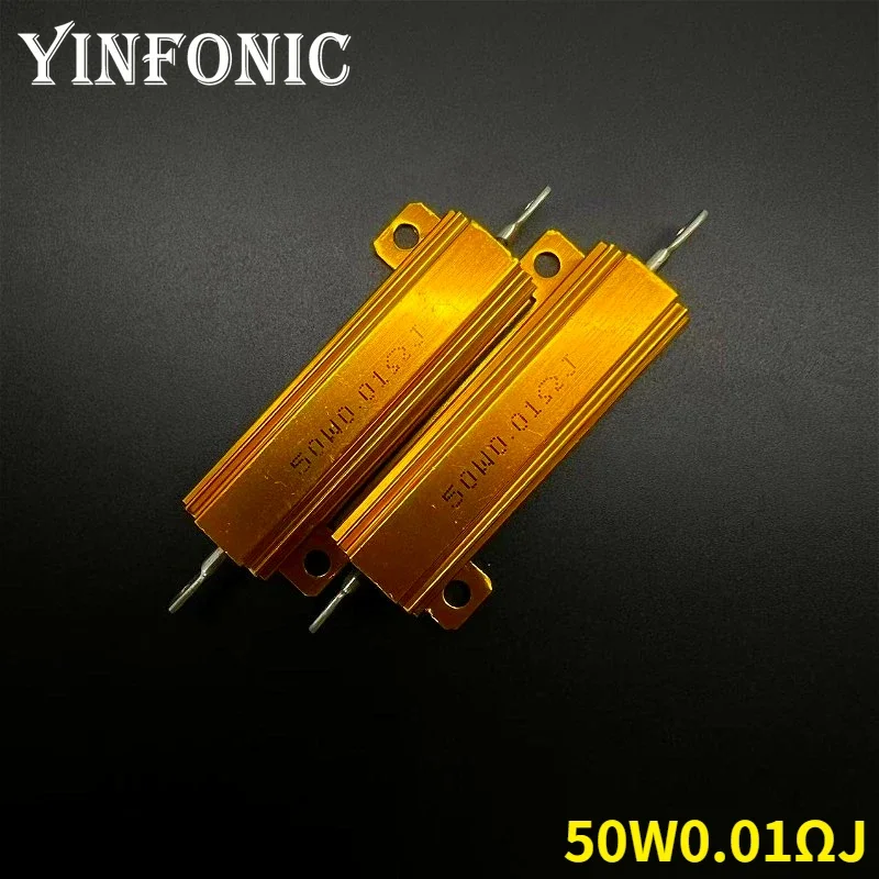 1Pcs/5Pcs RX24 50W 0.01R Ohm Power Metal Shell Aluminium Gold Resistor 50Watts 0.01R Resistance High Power Resistor