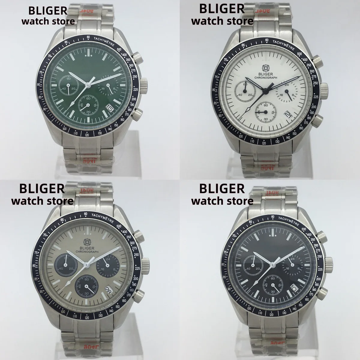 

BLIGER Fashion 40mm quartz chronograph Business Sapphire Crystal Men's Watch VK63 Movement Date luminous dial steel strap