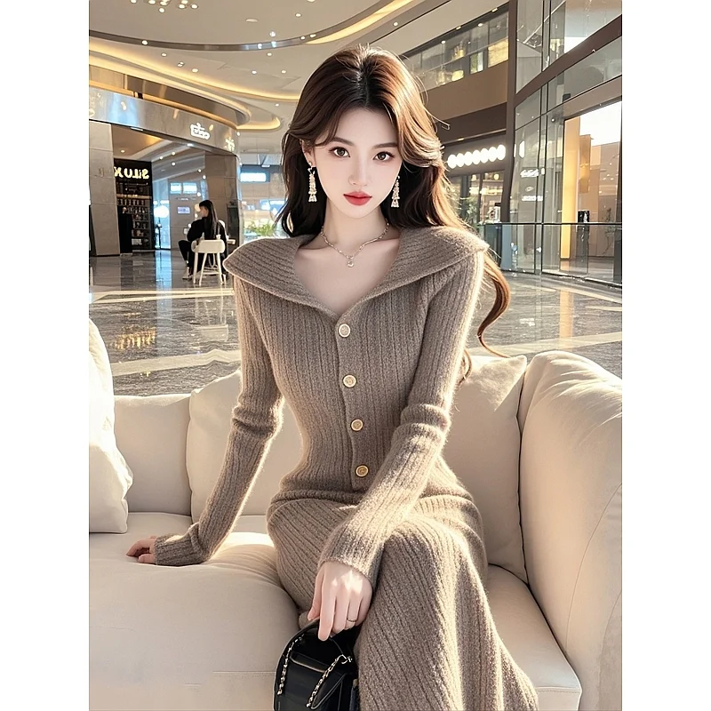 French Style Small Fragrance Waist Cinching Coffee Colored Sweater Dress 2024 Winter New Base Knitted Dresses Female Clothing