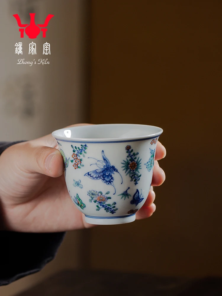 Zhongjia Tea Single Jingdezhen Ceramic Hand-painted Hundred Butterfly Figure Doucai Chai Kiln Master Cup Personal