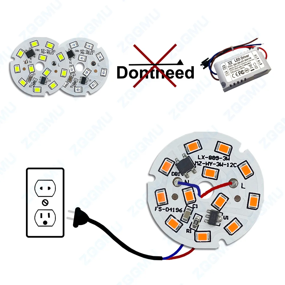 Carte lumineuse à courant constant sans pilote, lumière rouge, lumière bleue, lumière verte, source d'ampoule bricolage, PCB, AC 220V, 3W, 5W