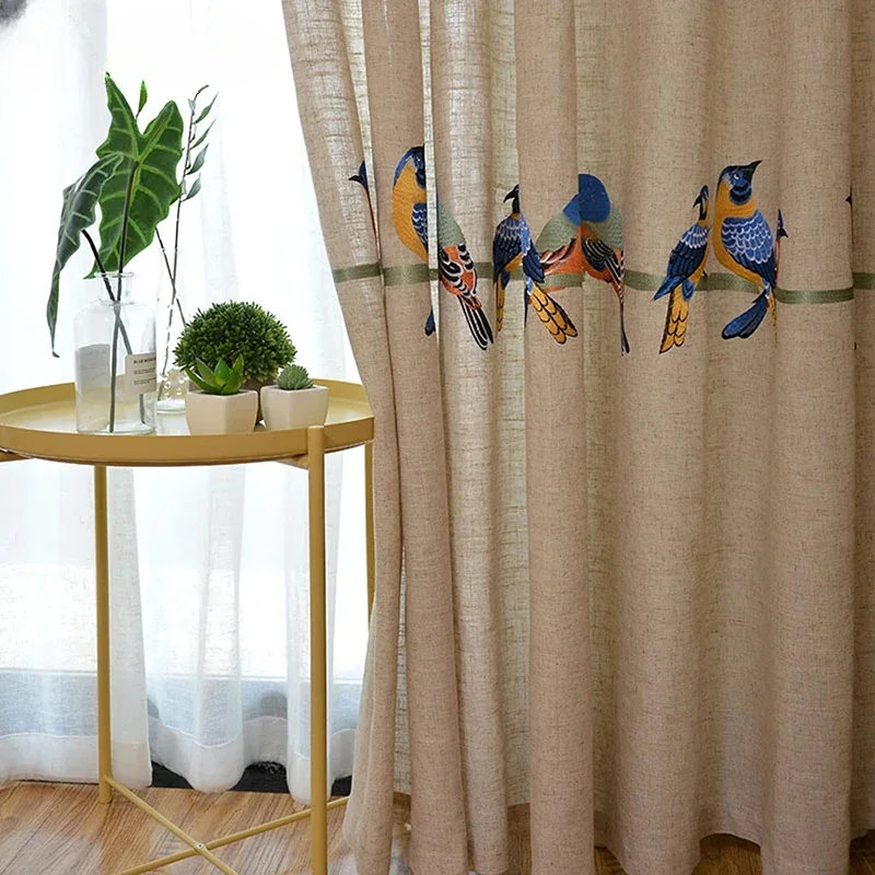 

Pastoral Bird Cotton Linen Embroidered Sheer Tulle Bedroom Curtains For Living Room Window Drapes Balcony Tulle Blackout Curtain