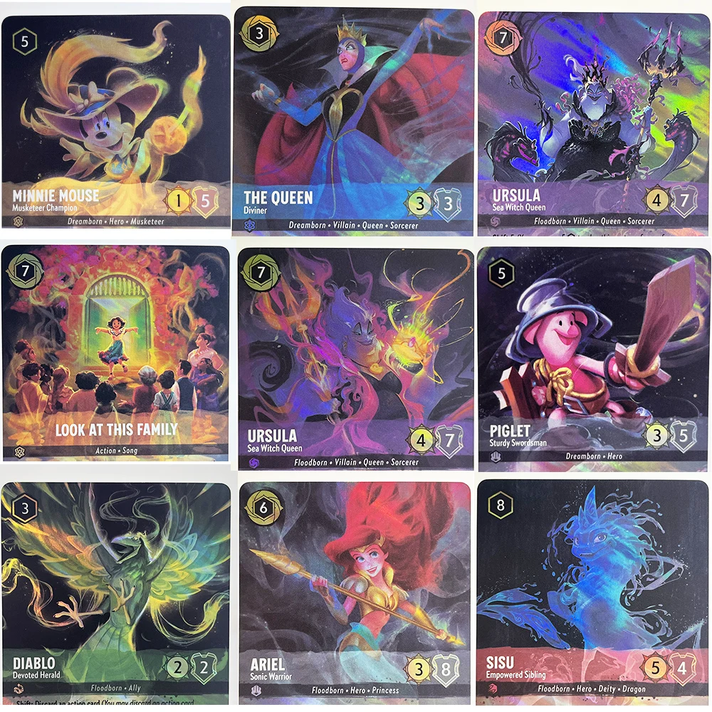 

Foil Lorcana Proxy Cards Chapter 4 Diablo Sisu Ursula Piglet Minnie Mouse PTCG Anime Card Game Trading Card English Version