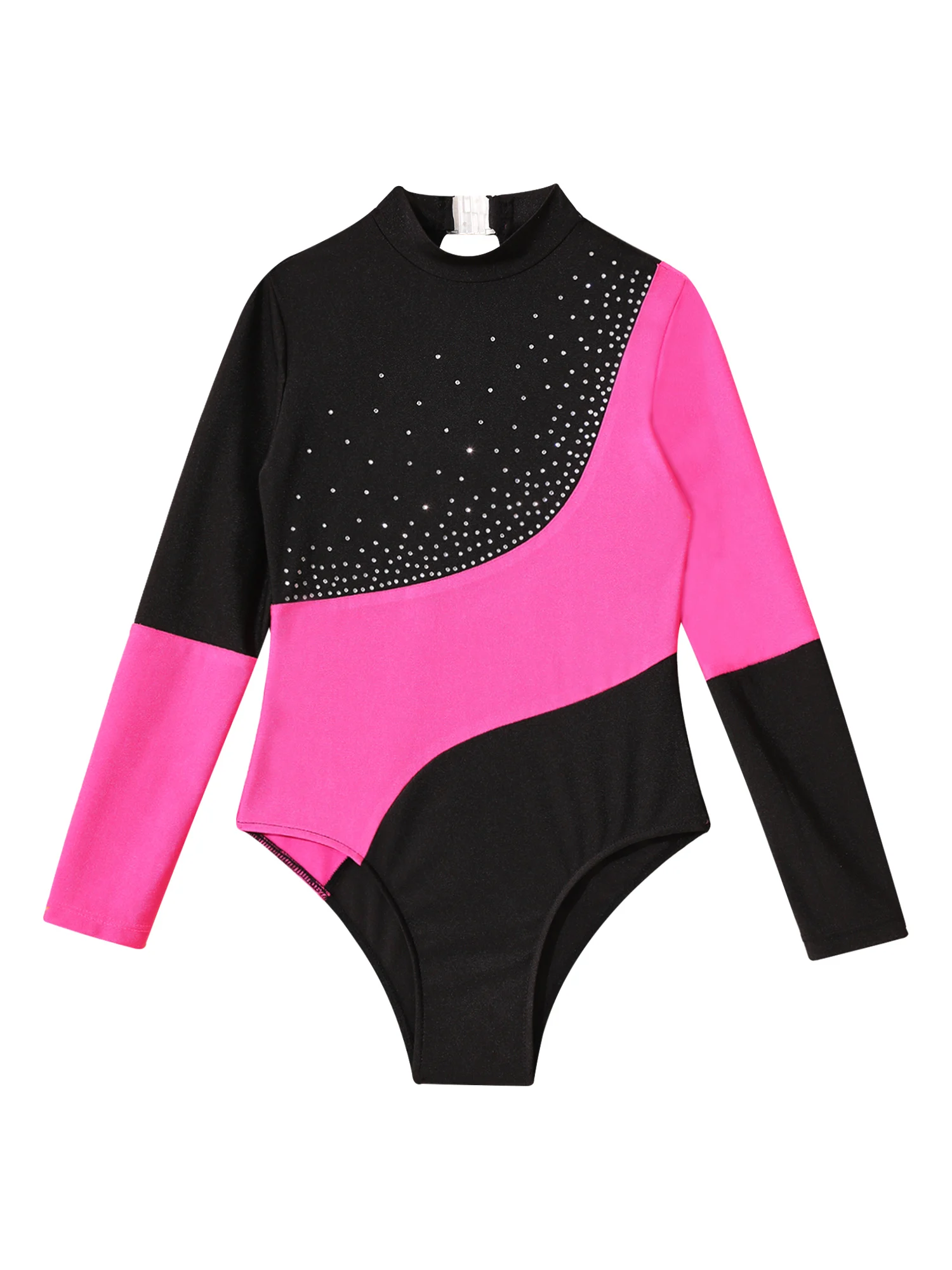 Newest Ballet Leotards for Kids Girls Shiny Rhinestone Long Sleeve Contrast Color Hollow Back Bodysuit Gymnastics Dance Leotard