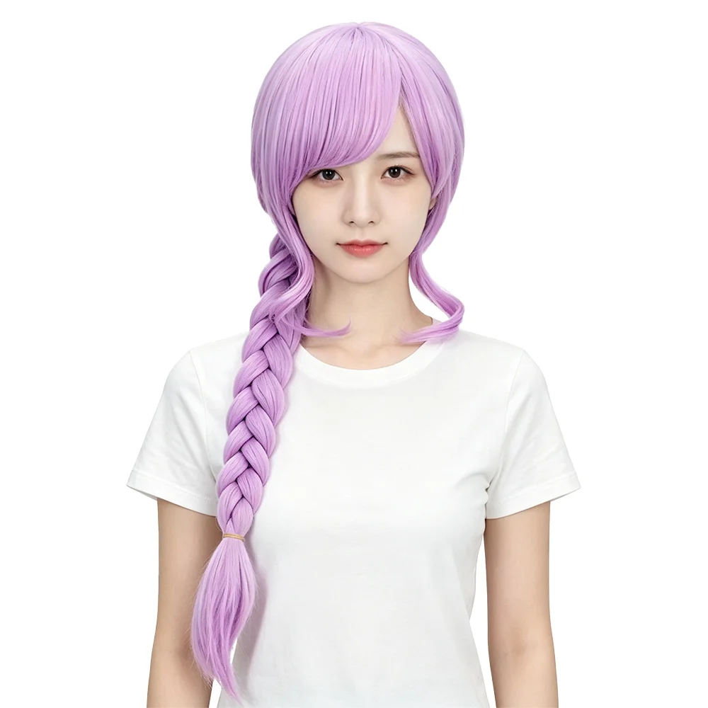 Pastel Purple Long Braided Cosplay Wig Pre Styled Single Braid Heat Resistant Synthetic Hair Anime For Girls Women Party Costume