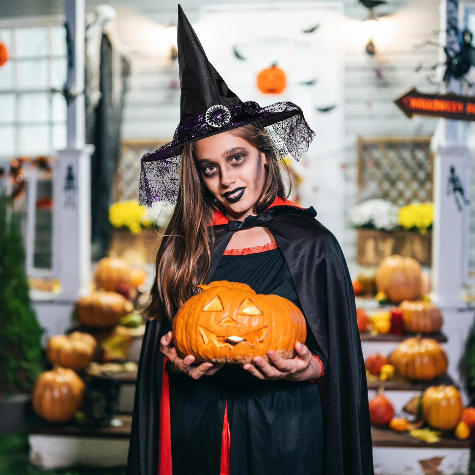 

Purple Black Halloween Witch Hat for Women Festival Costume Accessory Lightweight Mesh Adult Party Trick Treat Craft