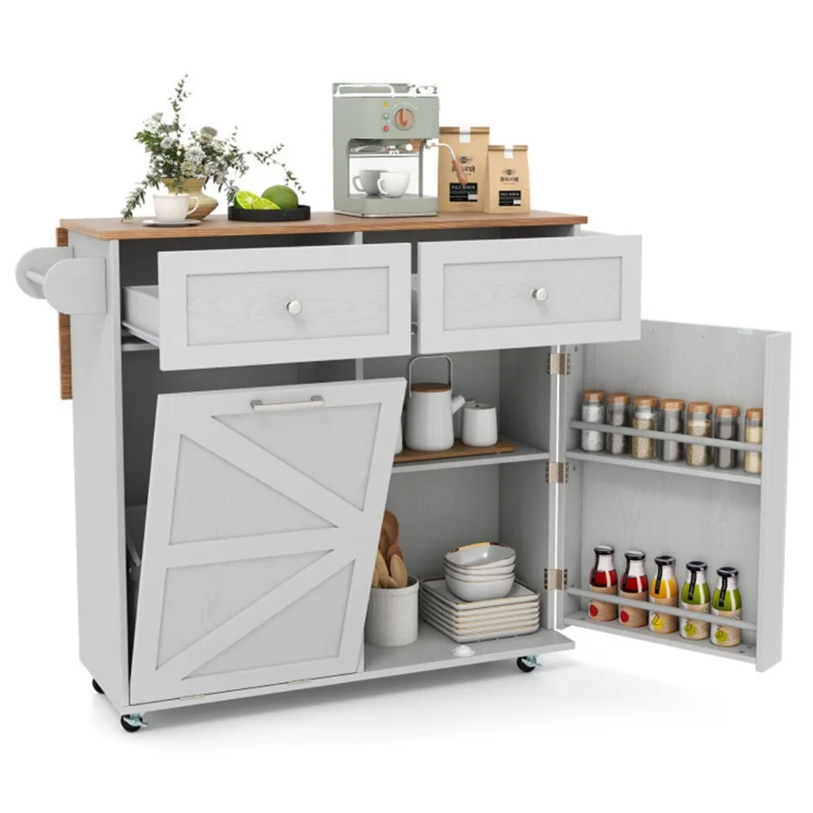 

Gray Mobile Kitchen Island Cart with Drop-Leaf Design, Lockable Universal Wheels and Trash Storage​