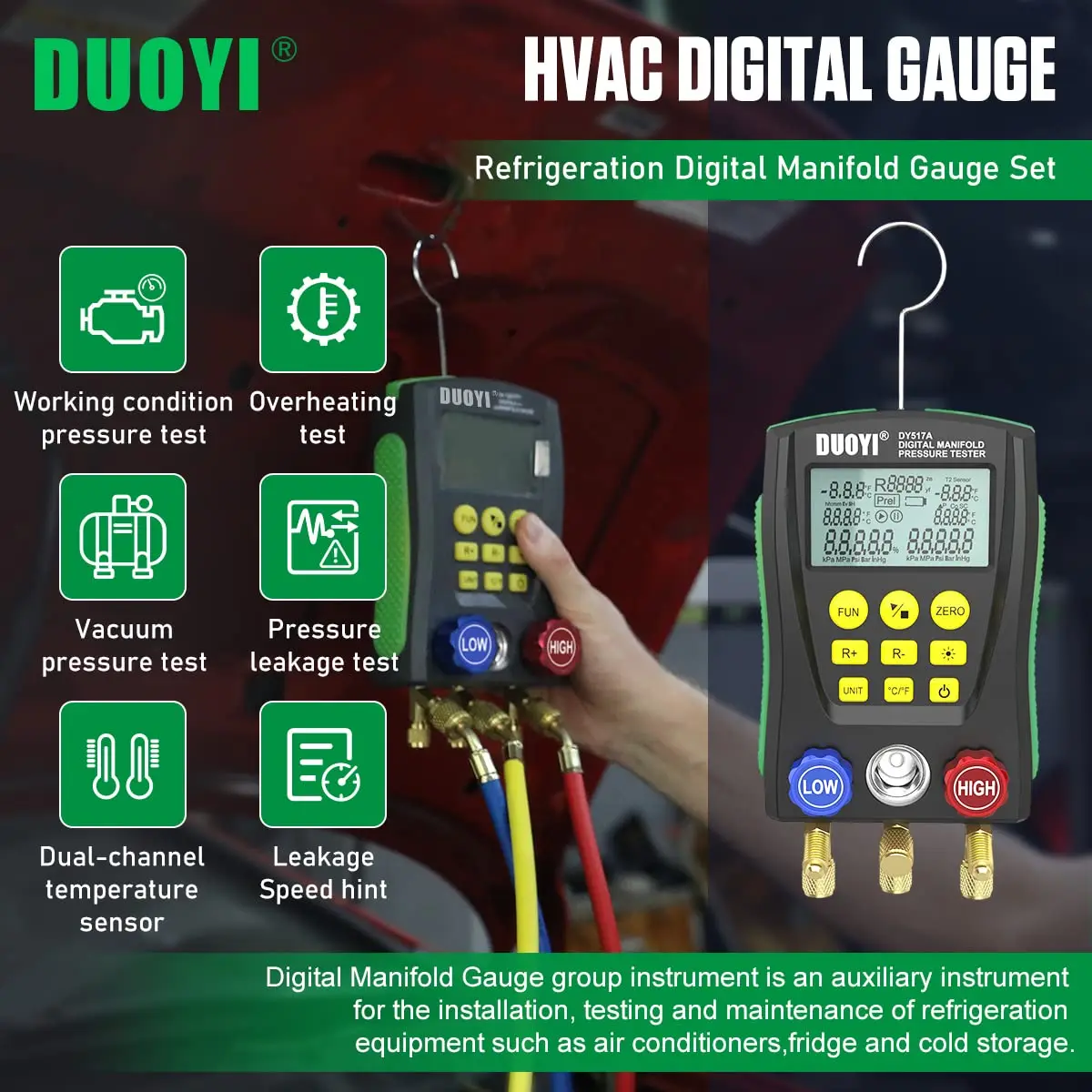 DUOYI Digital Manifold Gauge Set HVAC Refrigeration Pressure Temperature Tester 89 Refrigerants Database Dual-Sensor 3-Color Hos