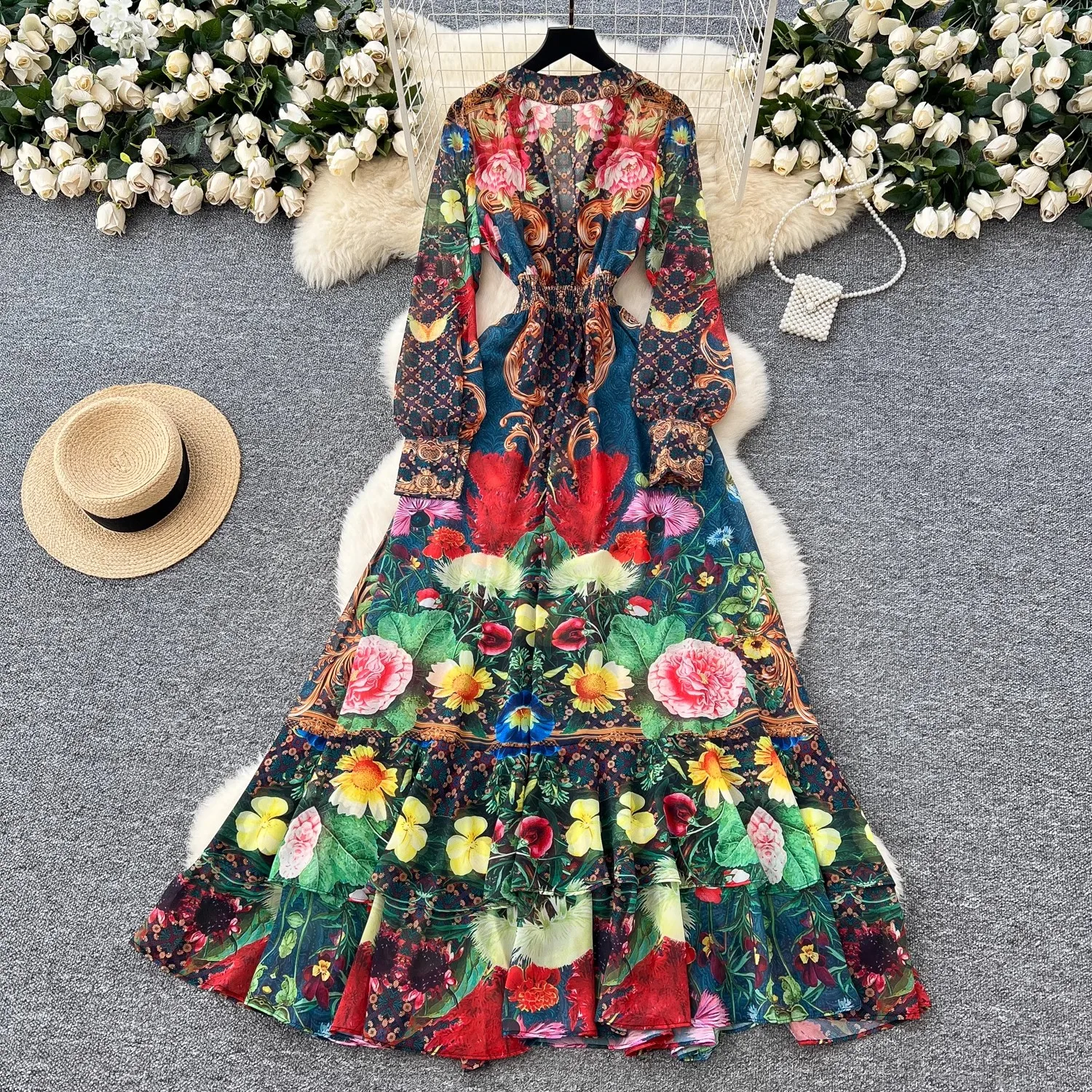 Verão boêmio lindo flor cascarding vestido feminino sexy com decote em v manga longa lanterna chique floral impressão férias boho vestidos