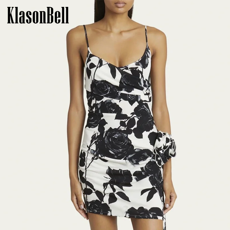 

5.20 KlasonBell-Women's Fashion Rose Print Ruched Slim Suspender Dress Sexy Backless 3D Flower Ribbon Decoration Mini Dress