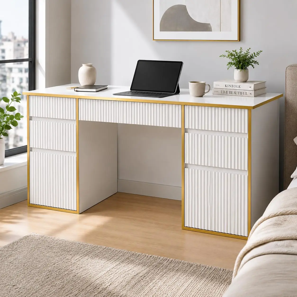 

White Computer Desk with Drawers, 58 Inch Home Office Desk with 7 Drawers for Bedroom, Executive Desk with File, Customized