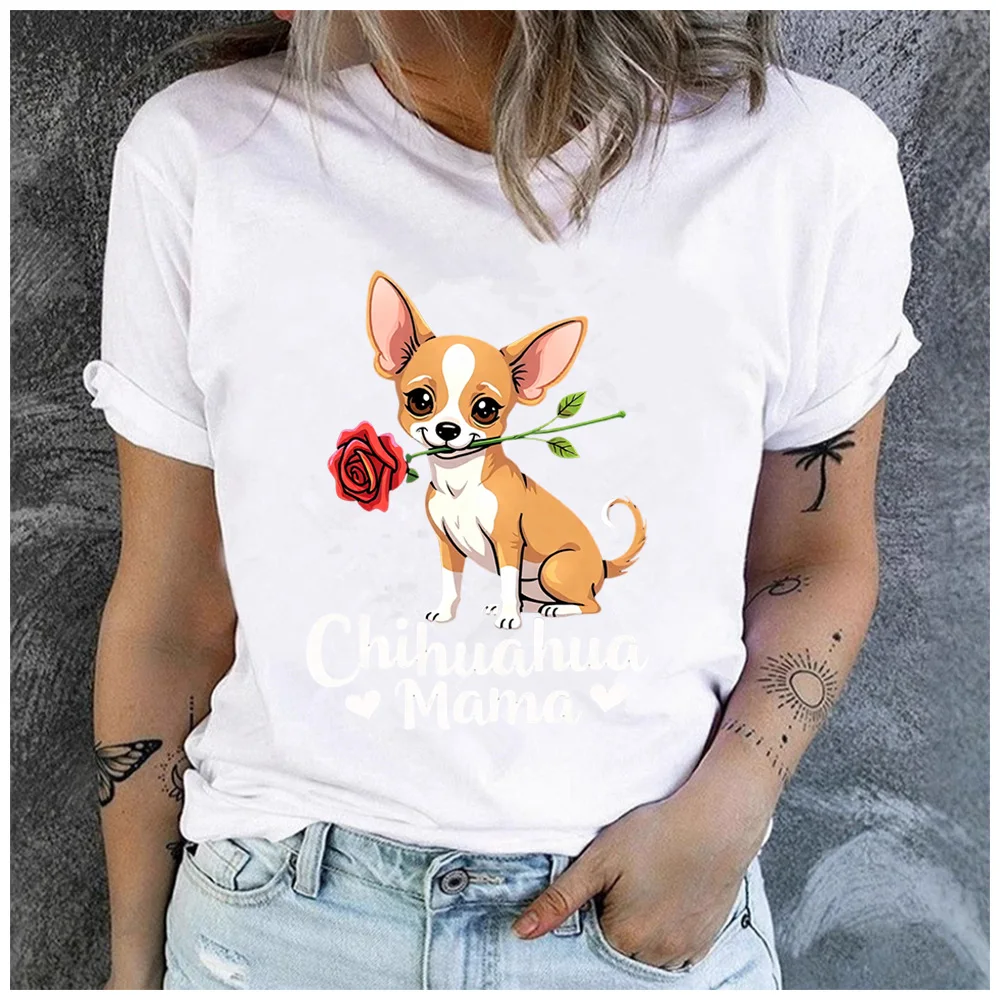 Cotton100% Women's Chihuahua Mama Rose Dog Print T‑Shirt Short Sleeve O‑Neck Casual Loose Summer Fashion Daily Tee Tops