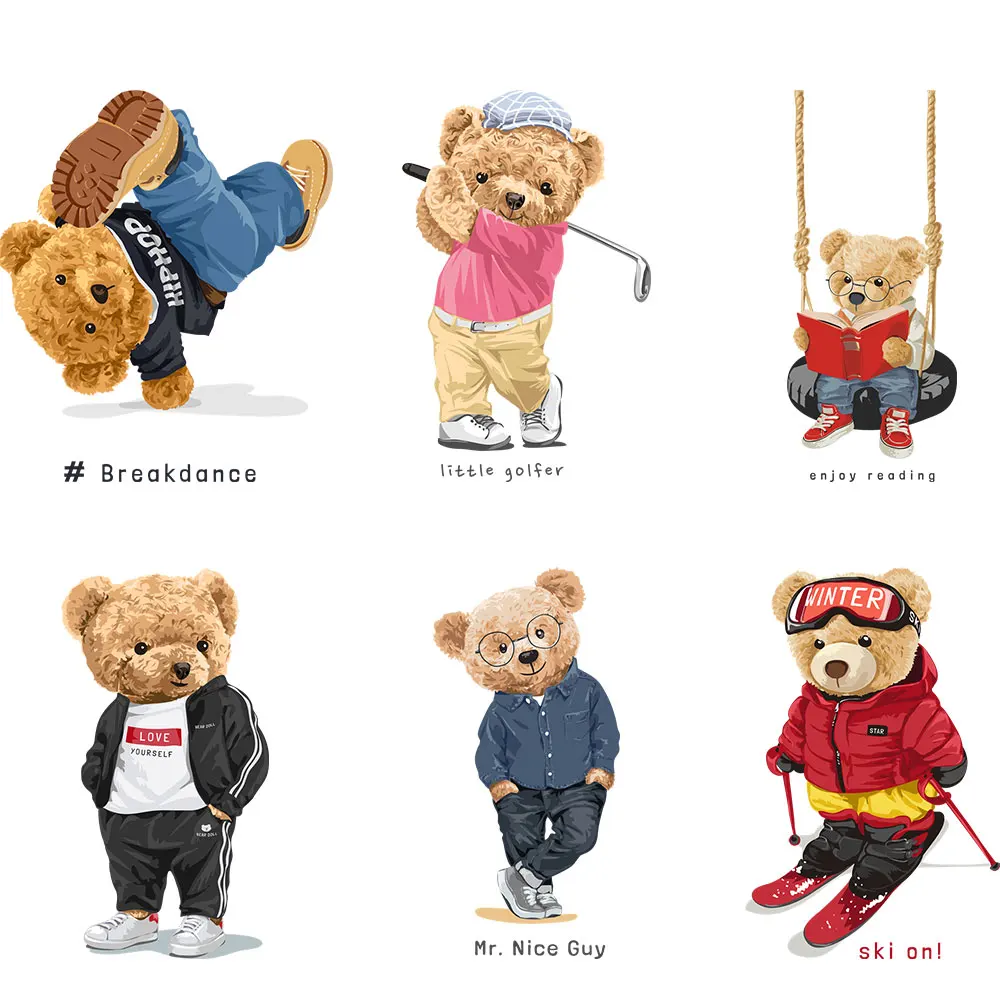 Cute Teddy Bear Iron On Patches For Kids Clothes Animals Heat Transfer Washable DIY Appliques Parches Thermo Stripes Decals