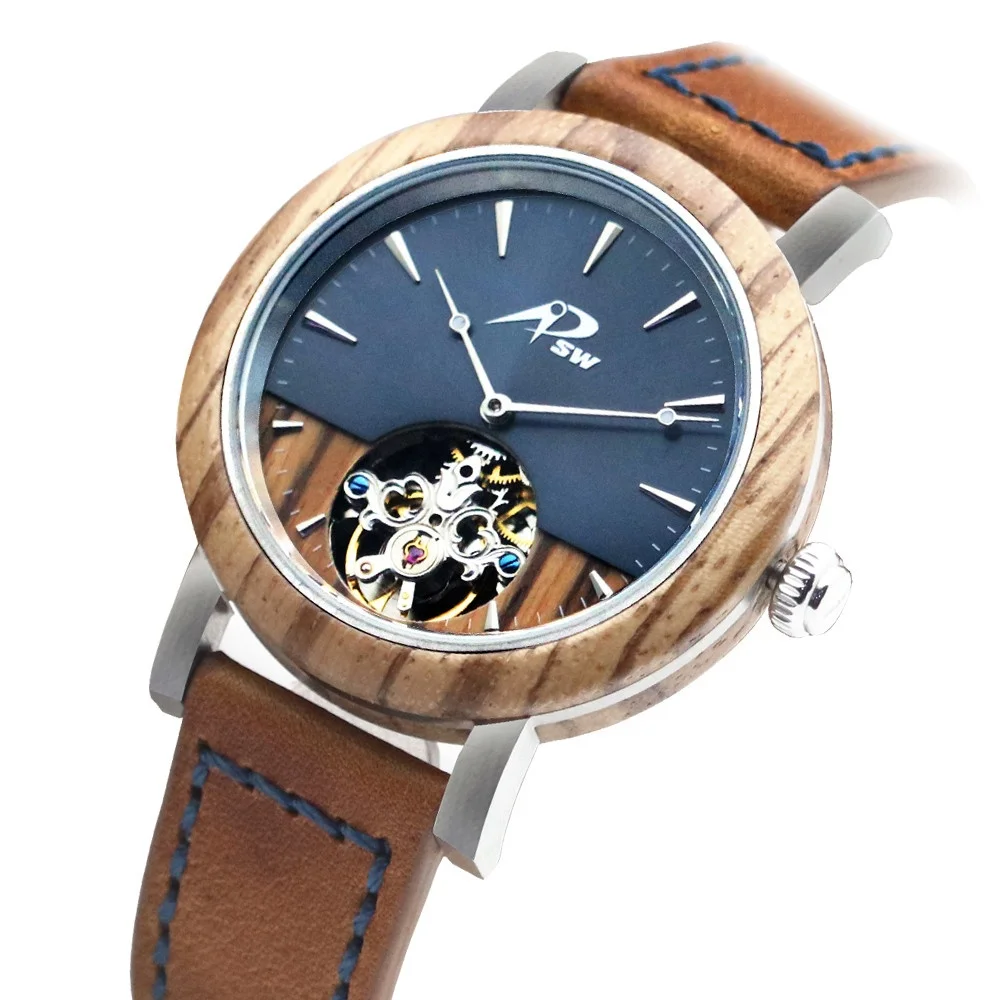 Luxury Leather Fashion Charm Wood Stainless Steel Round Winder Automatic Mechanical Men Watches