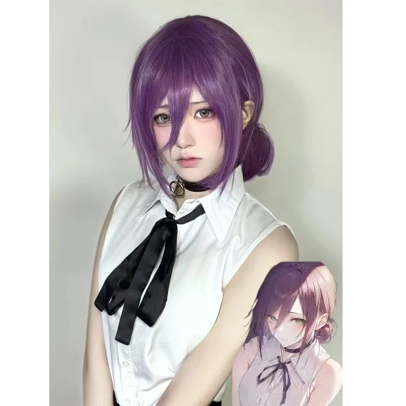 Chainsaw Man Reze Cosplay Wig And Wig Cap No Trimming Required Dark Purple Short Hair With Bun For Halloween Party Accessories