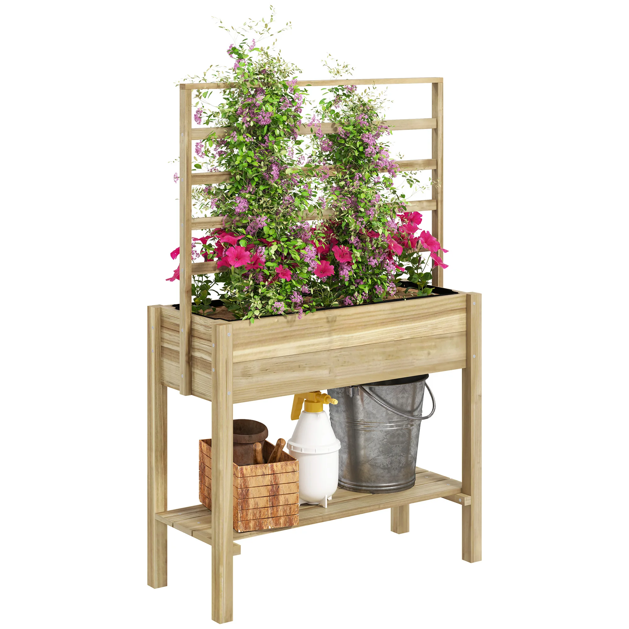Raised Garden Bed, Wood Elevated Planter Box with Lockable Wheels, Side Tables, Bottom Shelf, Bed Liner and Drainage Holes, Gray