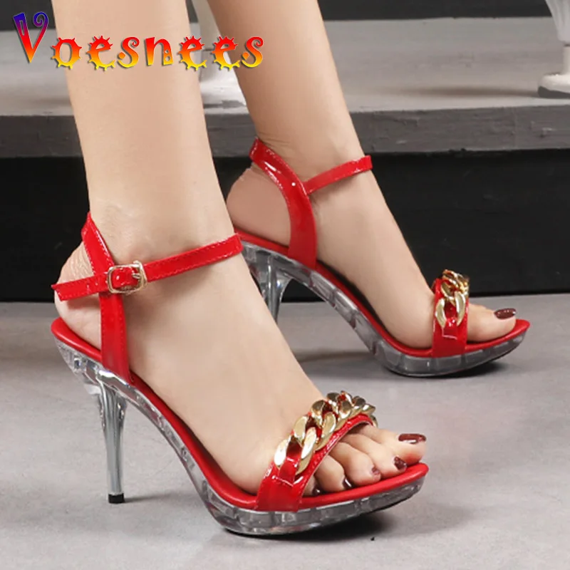 Voesnees High Quality Gold Chain Design Women Sandals Summer Beach Party Shoes Plus Size Transparent Platform 9.5CM Stilettos