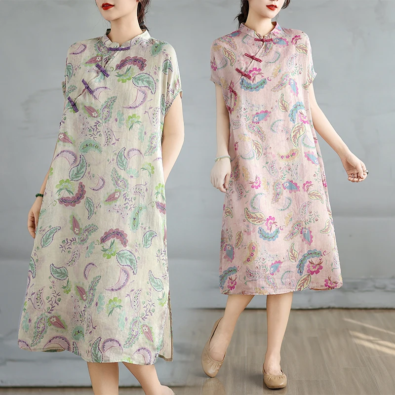 

Elegant Pure Cotton Women's Dress Chinese National Style Summer New Arrival Casual Comfortable Loose Fit Short Sleeve