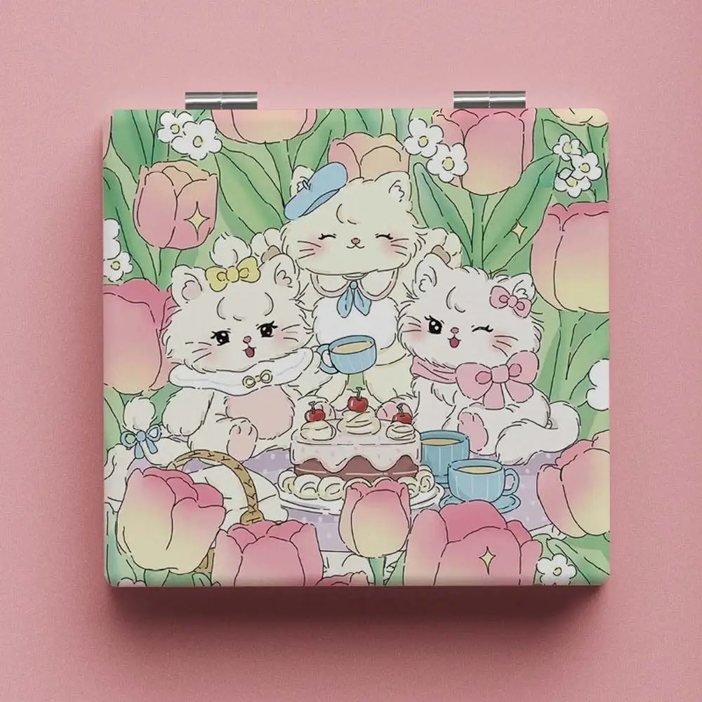 Rose Tulip Pattern Folding Makeup Mirror Bear Rabbit Cartoon Cat Portable Pocket Mirror Vanity Mirror Cosmetic Mirror