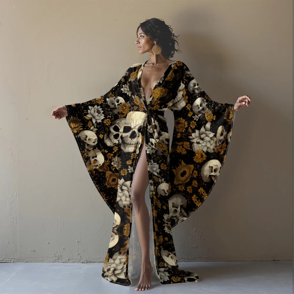 

Кимоно в стиле глубокого v-образного выреза с высоким разрезом, халат для отдыха, готическая одежда для дома, халат для женщин, халат с рисунком черепа, домашняя одежда на Хэллоуин