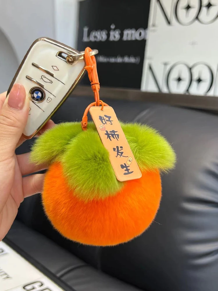 

2024 Real Rabbit Hair Mini Cute Small Persimmon Keychains Women Plush Rex Rabbit Fur Car Key Chain Bag Decoration Pendant Gift