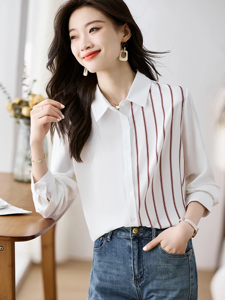 Lo más nuevo de 2025, moda de primavera, blusa de gasa de manga larga empalmada para mujer, camisa informal OL de oficina con cuello vuelto elegante, Tops para mujer