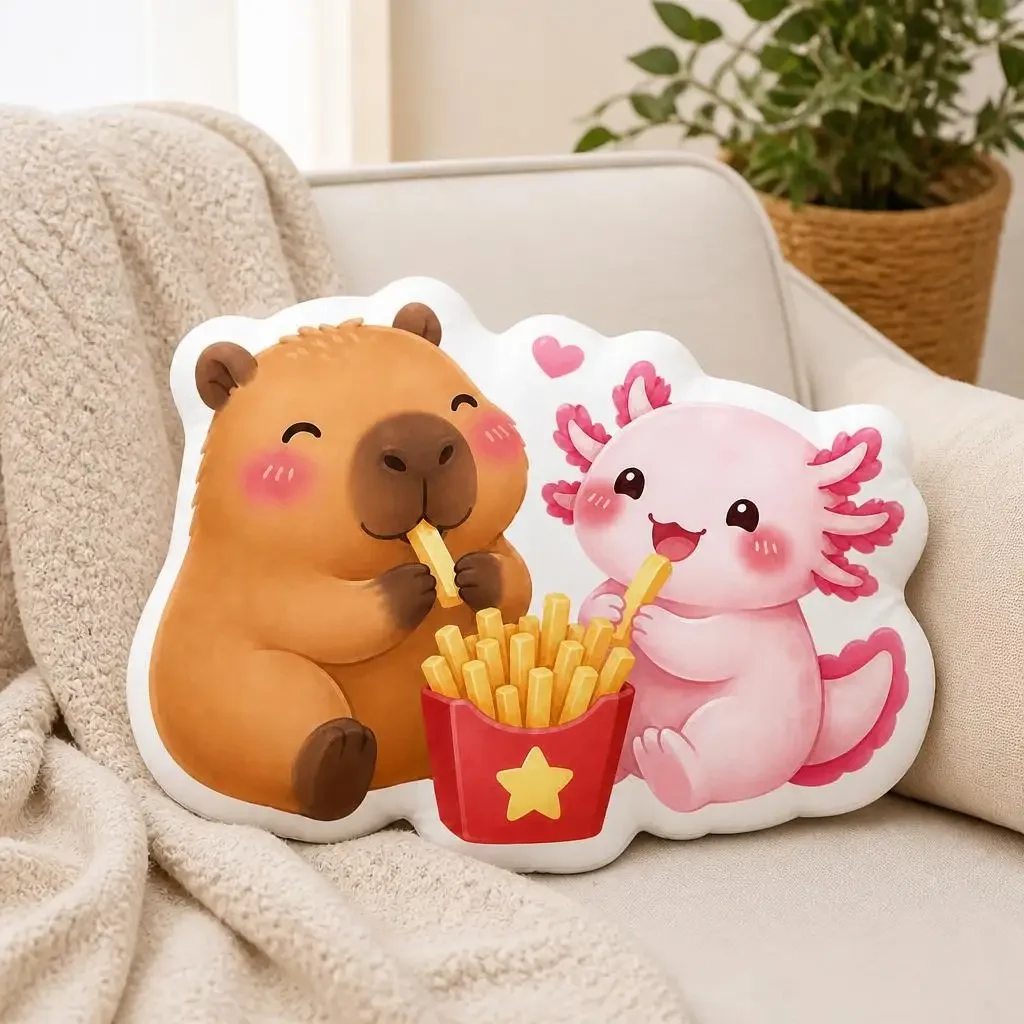 Capybara And Axolotl Sharing Fries Plush Pillow Cushion Irregular Stuffed Throw Pillow Home Decor Gift Sofa