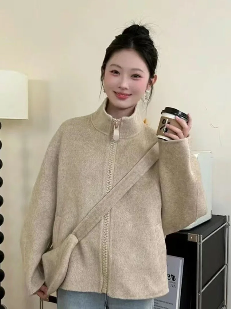 

Double-Sided Woolen Short Coat Korean Style Loose Fit Stand Collar Outerwear for Women Spring Season Thickened Korean Version