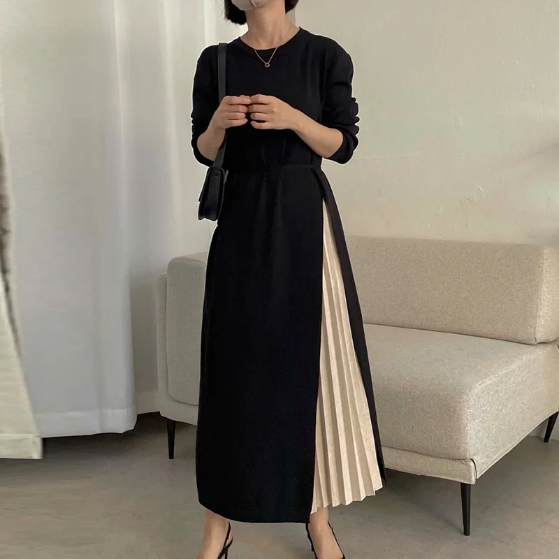 Elegant Patchwork Pleated Knitted Fake Two-piece Lace Up Vestidos De Mujer Maxi Dress Long  Vintage Black Sweater