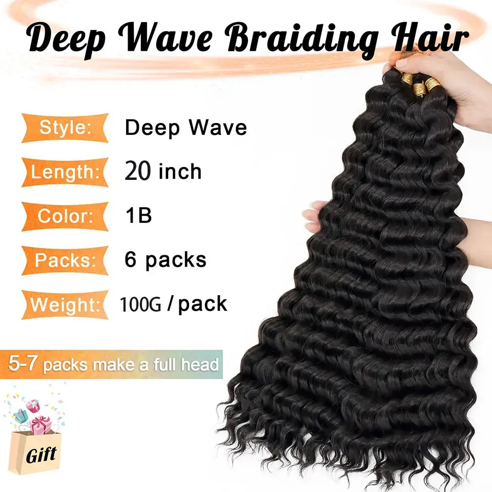 Cheveux synthétiques bouclés au crochet pour femmes noires, tressage au crochet, vague profonde, 20 po, 8 paquets