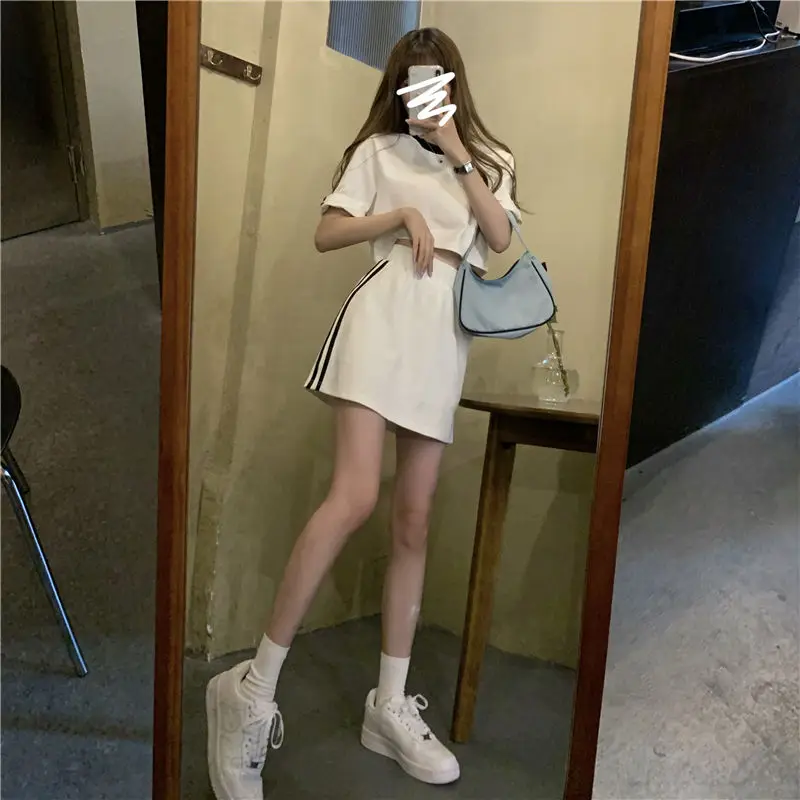 Dress Sets Women Crop Top Short Sleeve T-shirt Mini A-line Striped Skirt Sweat Suits College Student White Loose Soft Females