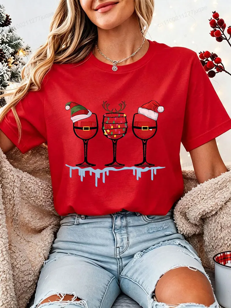 Funny Quote Christmas Drinking T‑Shirt Wine Glass Santa Hat Xmas Graphic Tee Wine Lover Party Tops Xmas Holiday Gift T‑shirt