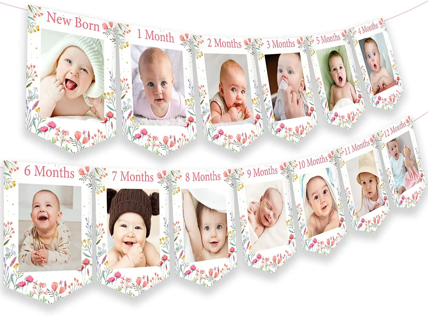 Wildflower Theme 1st Birthday Decoration Photo Banner From Newborn To 12 Months Growth Record Monthly Milestone Picture Banner