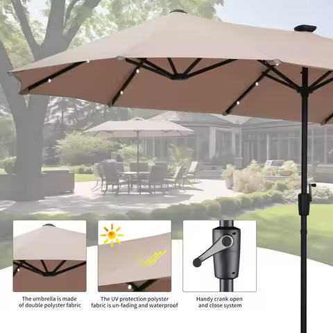 13ft Rectangular Patio Umbrella with 36 Solar LED Lights, Ultimate Sun Protection, Easy To Shake, for Deck, Garden, Khaki