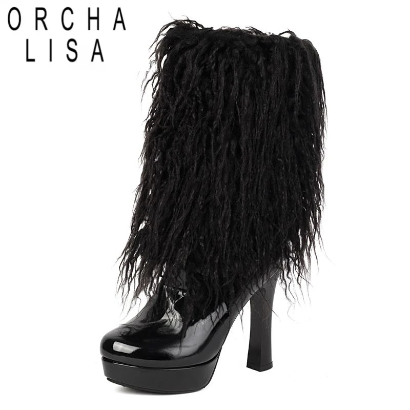 

ORCHA LISA 2025 Новый дизайн Женские сапоги до середины икры с круглым носком Сверхвысокие каблуки 11 см Платформа 2,3 см Молния Плюс Размер 48 49 Сексуальная Bota