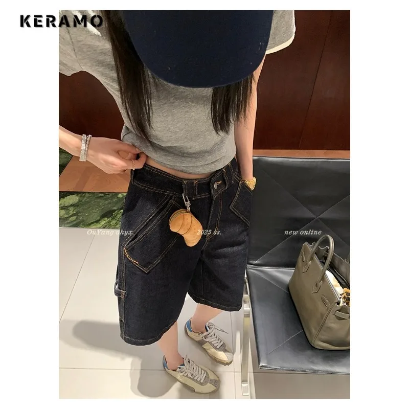 

Street Washed Waif 2000s Jeans Women American Vintage Eclectic Grunge Casual Knee Length Pants Y2K Harajuku Pockets Denim Shorts