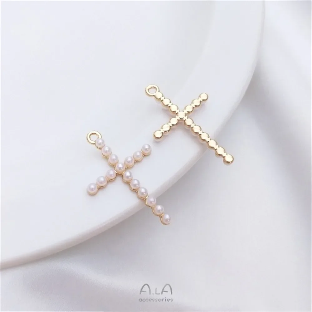 14K Gold eingelegte Perle herzförmiger Diamant rund doppelt hängendes Zubehör Diy Armband Ohrringe Anhänger Stecker K121