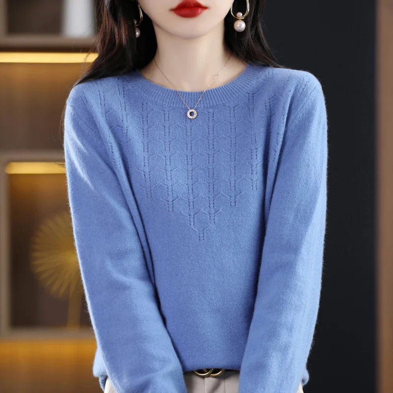 Women New Fashion Wool Soft Sweater Autumn Winter Hollow Out Round Collar Pullover Casual Basis Cashmere Warm Knitting Top