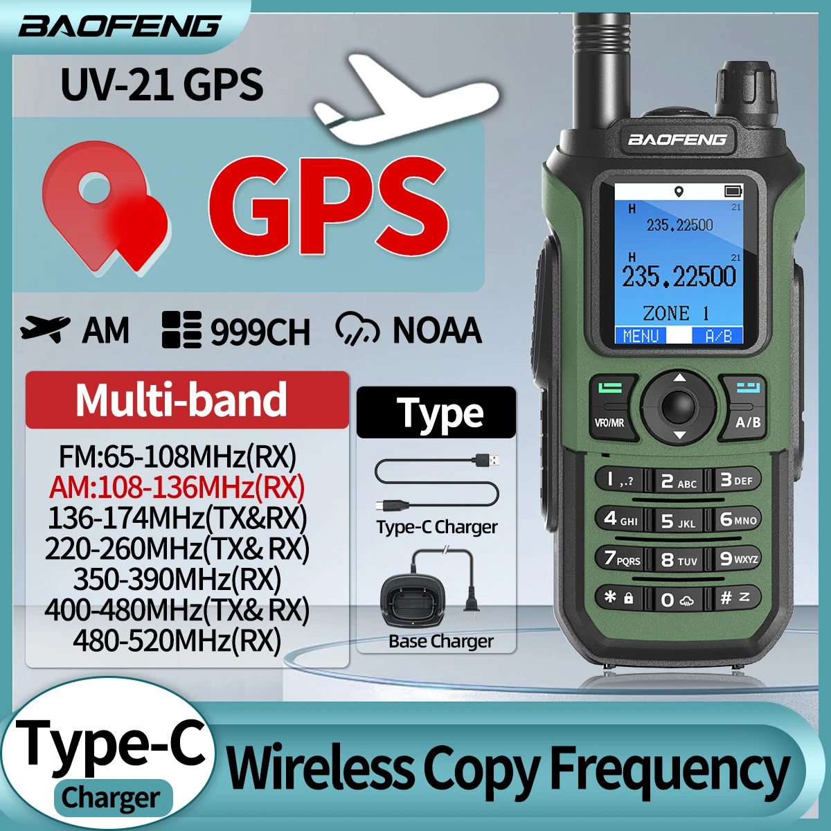 Baofeng UV-21 프로 GPS 에어 밴드 워키토키, 무선 복사 주파수, C타입 999CH 장거리, UV-5R UV 17 프로 GPS 햄 라디오용