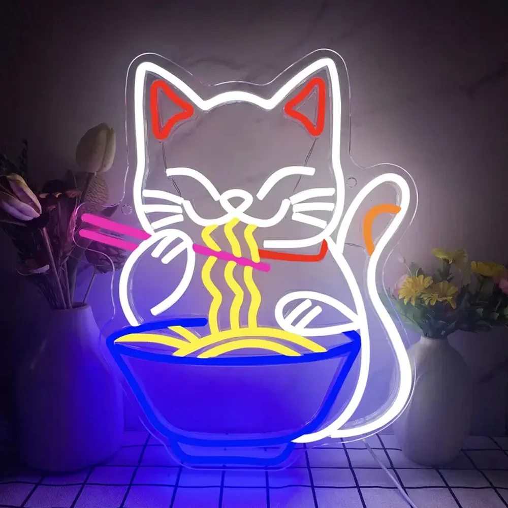 Señal de neón de Ramen de gato de La Fortuna, Led de fideos japoneses, regulable, señal de pared, luz de neón iluminada, para barra de Casa Resturant