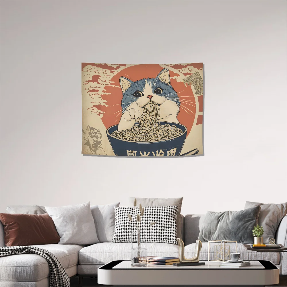 1pc Japanese-style Lamian Noodles Cat Tapestry Vintage Background Wall Decor for Living Room Cute Room Decor